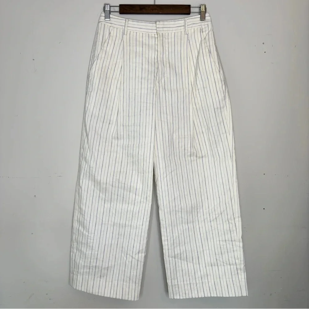 Creatures of Comfort Striped Pleated Linen Blend Wide Leg Henry Crop Pant Size 2